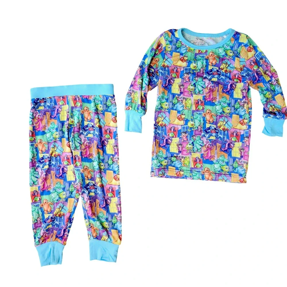 MONSTERS INC Size 12-18M Bamboo‎ Pajama Set Long Sleeve Pants Blue Soft Unisex